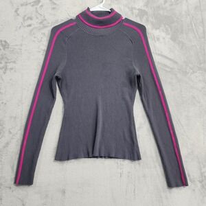 MILLY Sweater Womens XL Gray Pink Racer Stripe Turtleneck Ribbed Knit Pullover